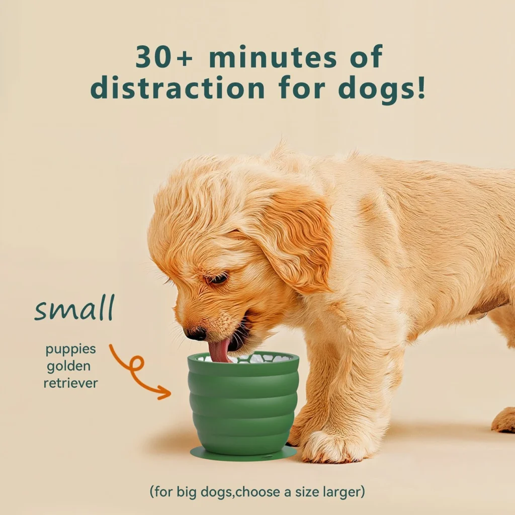 Golden retriever puppy licking treats from a green silicone slow feeder cup