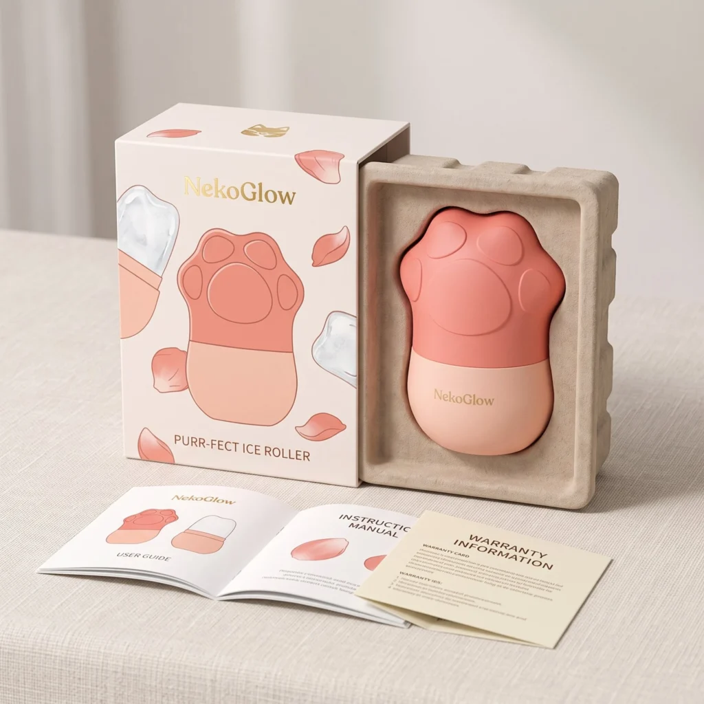 Custom retail packaging for a paw-shaped silicone ice roller with box, pulp tray and user manual