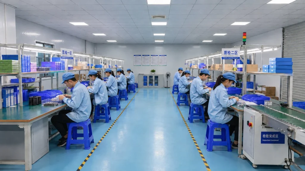Quality control team inspecting silicone products on the QC inspection line before packing