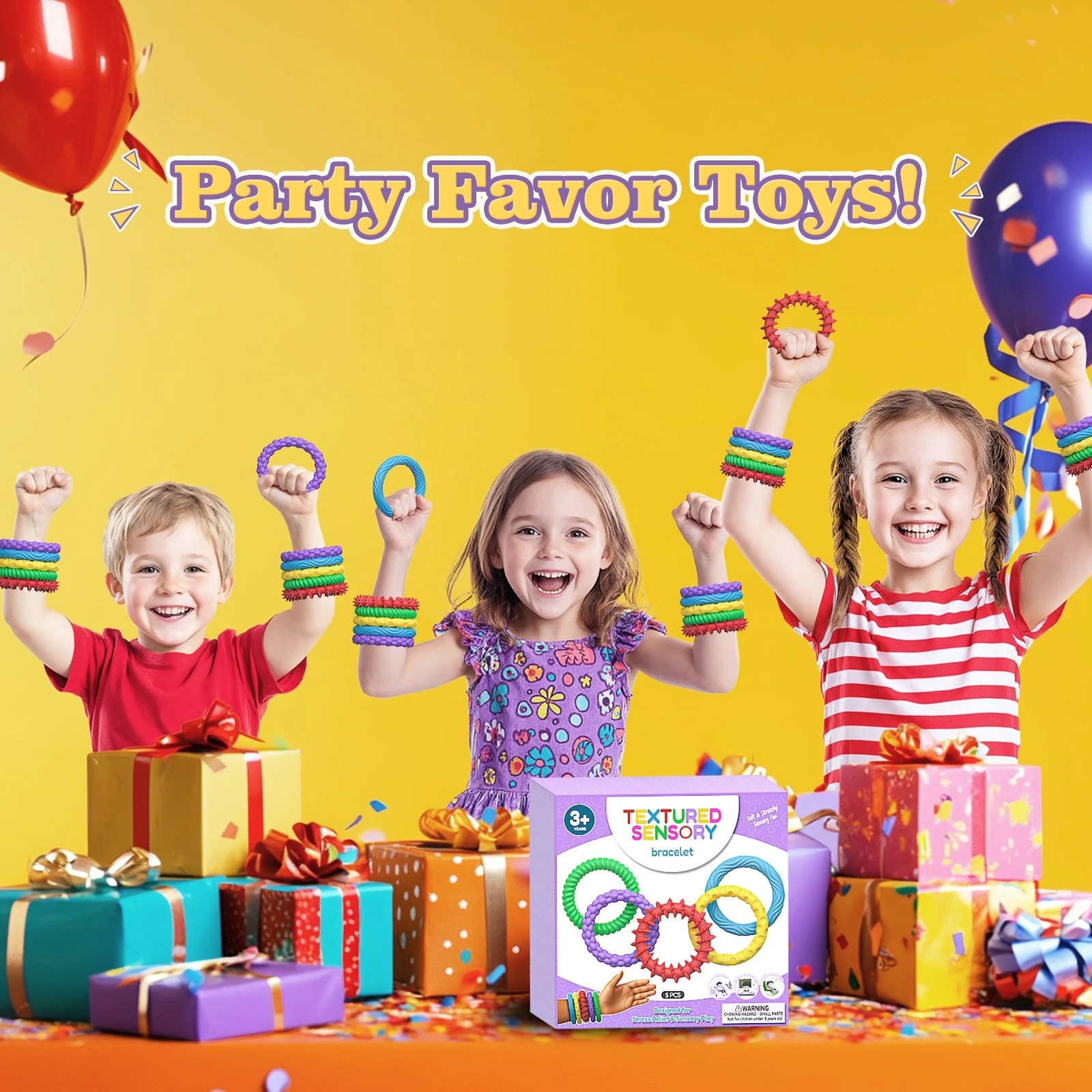 Colorful textured silicone sensory bracelets for kids, popular as party favor toys