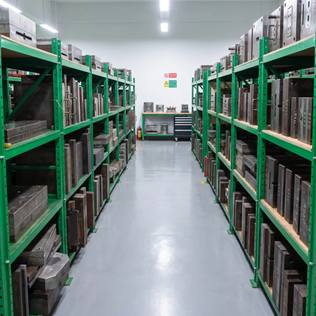 Racks of steel molds stored in the Maiyees in-house mold workshop