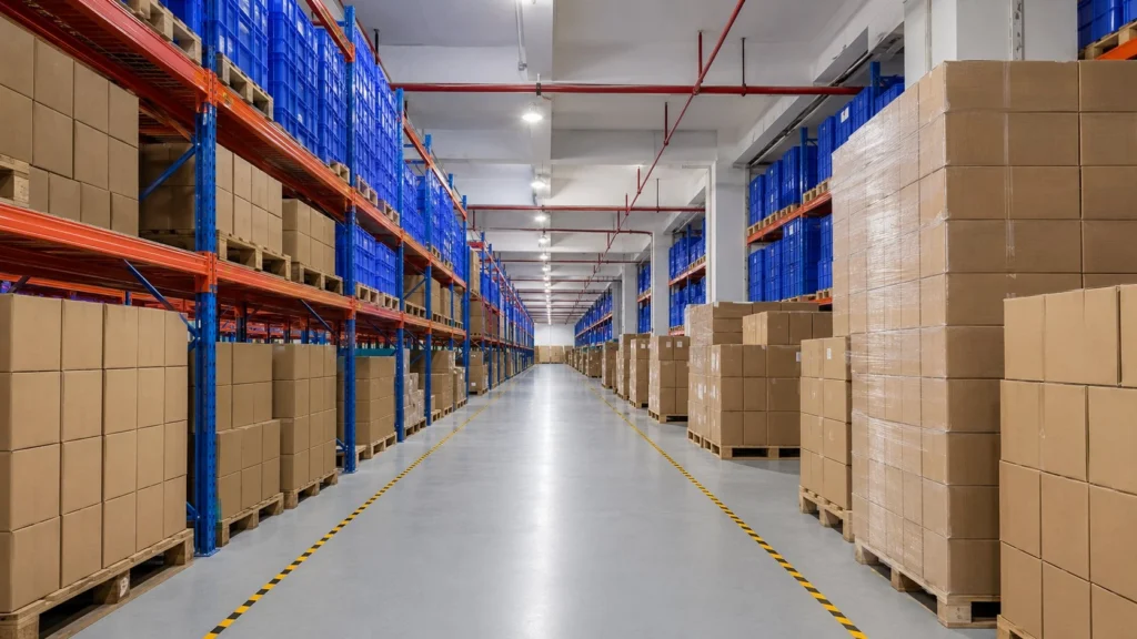 Warehouse aisle stocked with packed cartons of finished silicone products ready for worldwide shipment